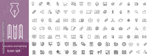 Education and learning icon set Outline vector icons related with education, success, academic subjects and more.