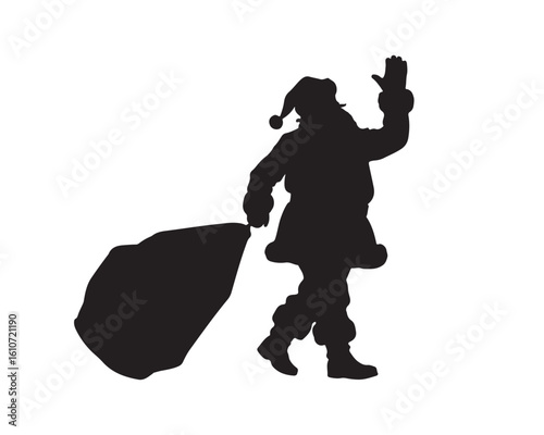 Silhouette of santa claus waving with a large sack on a white background for christmas holiday season