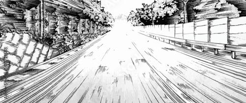 bridge over the river that looks like speeding on car dashboard view black and white vector illustration