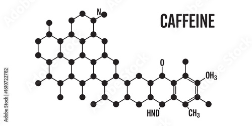 Illustration of a caffeine molecule structure diagram with labels on a white background