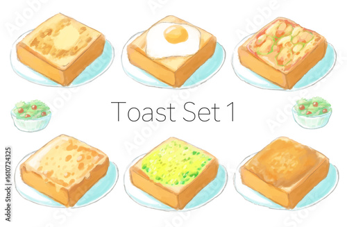 水彩風の6種のトーストセットイラスト(Toast Set 1)
