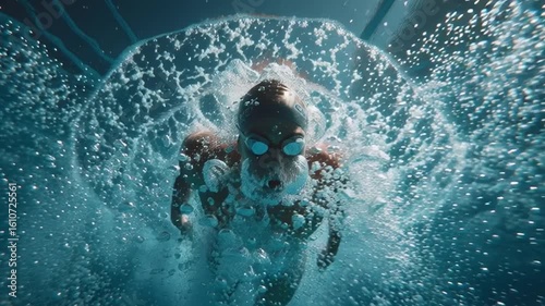 Diving into Aquatic Thrills: A swimmer plunges into a vibrant pool, showcasing powerful aquatic prowess and the dynamic splash as water cascades around him.