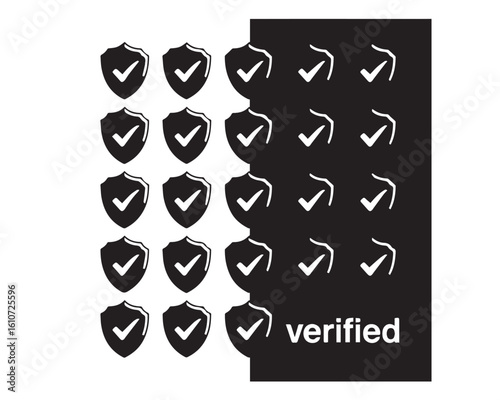 A graphic showing rows of shields with checkmarks transitioning to black with verified text