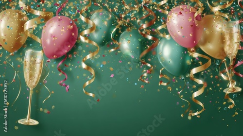 Festive scene with colorful balloons, confetti, and champagne glasses, perfect for celebrations and parties.