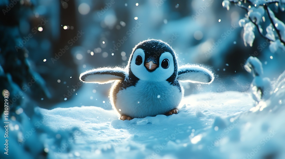 Obraz premium Cute penguin sliding belly first on icy snow high resolution picture