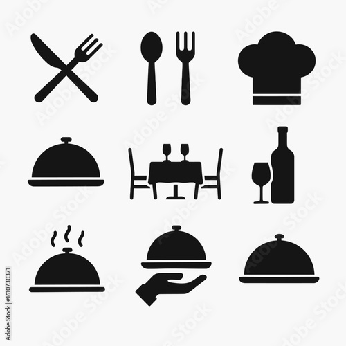 Elegant Culinary Vector Icon Set – Chef Hat, Cutlery, Wine, Covered Dish for Restaurant Menus, Hospitality Branding, Blogs, and Food UI Projects