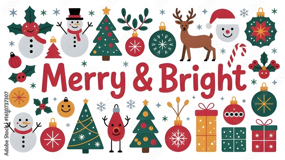 Fototapeta premium A cheerful christmas banner with the words merry bright surrounded by festive icons like snowmen, decorated trees, reindeer, santa, and ornaments, embodying the holiday spirit
