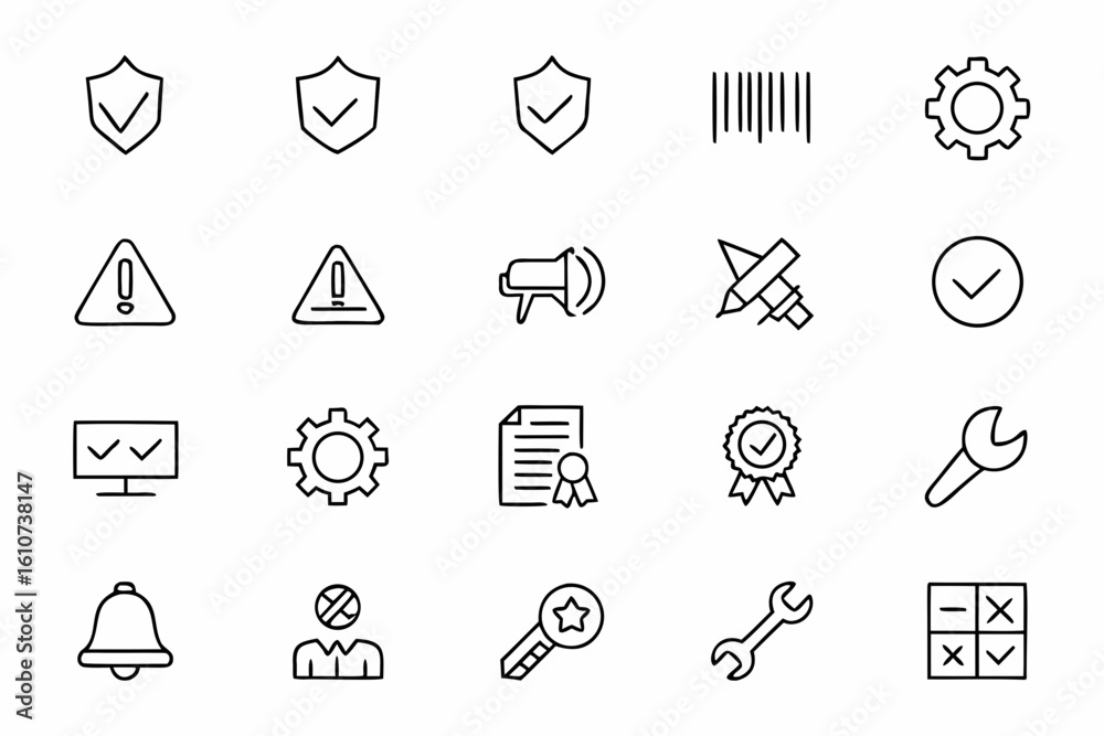 Fototapeta premium A sleek single-line set capturing the tools and symbols of quality management. Ideal for packaging, ISO training visuals, and business graphics