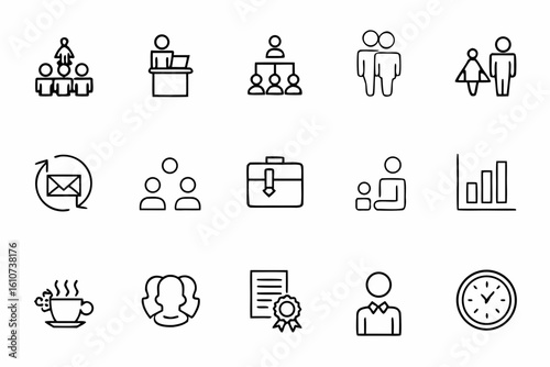 A sleek single-line vector set portraying office culture, leadership, and team dynamics. Ideal for internal communication, reports, and coaching visuals.