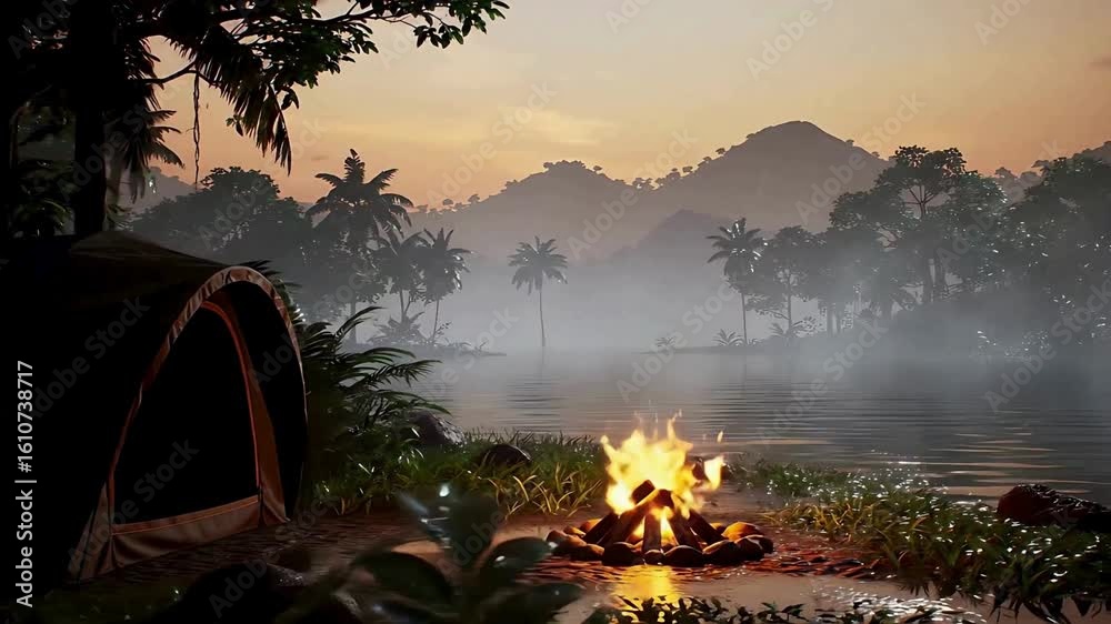 Campfire burning beside a tent near a lake at sunset, with mountains and palm trees in the background.