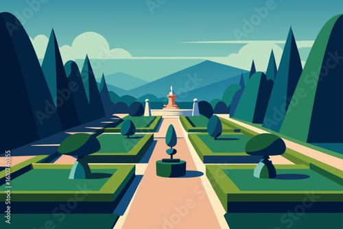 Stylized geometric garden with fountain and mountains
