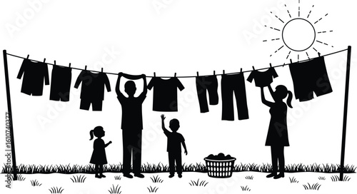 Happy family hanging laundry outdoors, children playing, clothesline drying under sun, sustainable lifestyle, clean clothes in backyard, eco-friendly routine, natural drying, sunny day chore