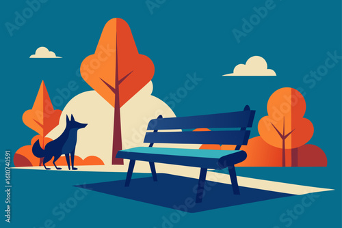 Two dogs and a bench in a park at night with streetlights