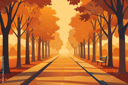Autumn park pathway with trees and lampposts
