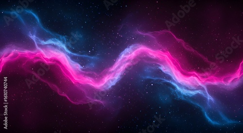 Fototapeta Naklejka Na Ścianę i Meble -  Abstract cosmic background featuring flowing waves of pink and blue nebula against a dark, starry space backdrop.