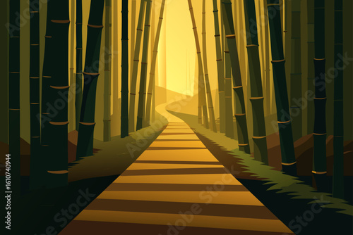 Golden path through a serene bamboo forest at sunset