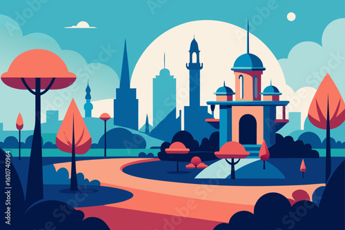Stylized cityscape with mosque and tower by a river