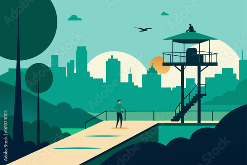 Two figures stand on a lookout tower overlooking a stylized city skyline at sunset