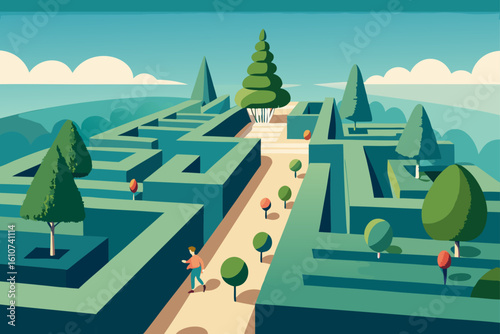 Stylized green hedge maze with ornate garden and trees