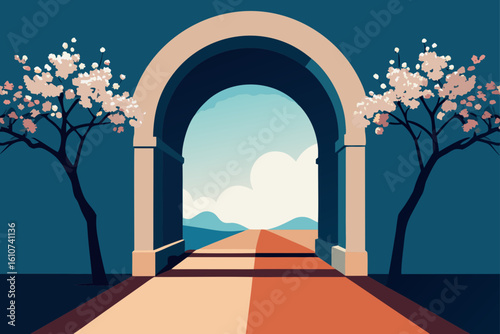 Arched gateway to a desert landscape with blooming trees
