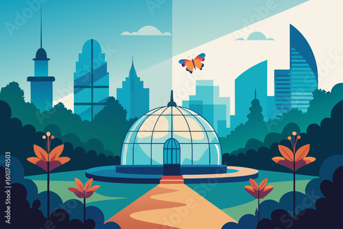 Stylized greenhouse with a sunset and butterfly