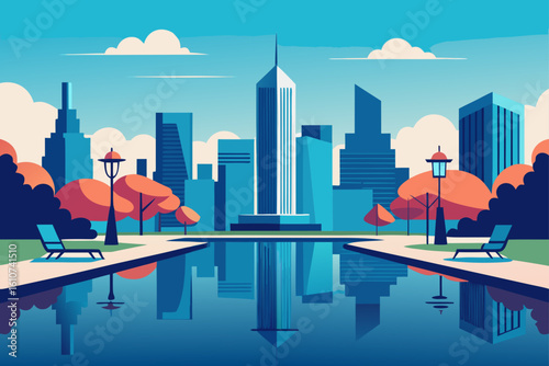 Modern cityscape with reflecting pool and autumn trees