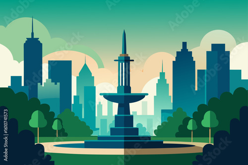 Urban park with fountain and city skyline in cool tones