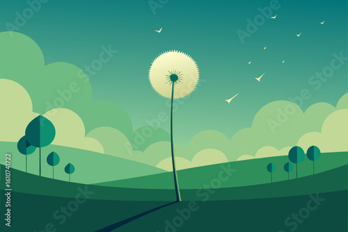 Stylized dandelion under a full moon in a dreamy landscape