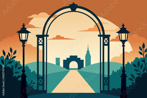 Park entrance archway with street lamps at sunset