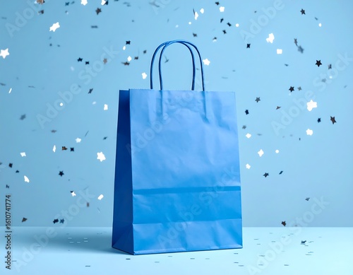 Blue shopping bag on light blue background with confetti