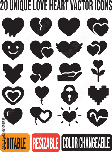 20 unique love heart icons that are editable, resizable, and color changeable. thank you sir