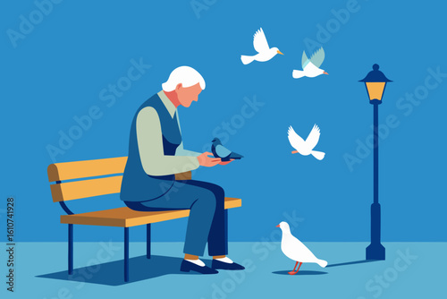 Elderly person sitting on park bench feeding pigeons