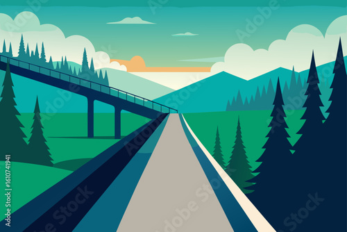 Scenic road leading to a bridge through a stylized mountain landscape
