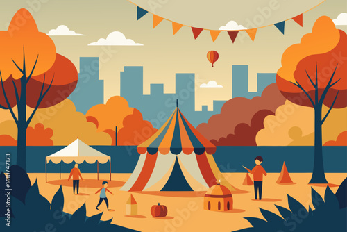 Autumn festival with tents and city skyline