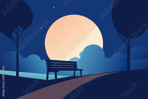 Serene park bench under a giant full moon at night