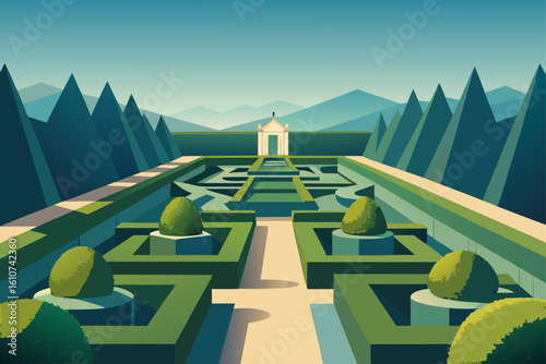 Geometric garden maze leading to a monument