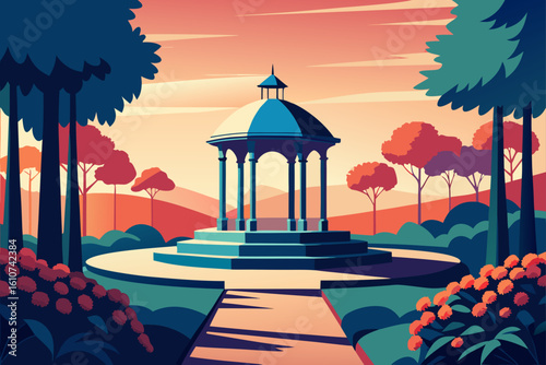 Stylized gazebo in a vibrant forest landscape at sunset