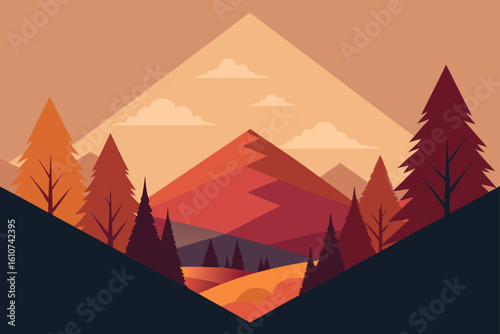 Geometric autumn landscape with warm hues and stylized trees