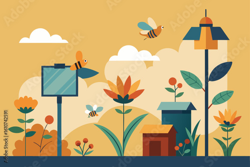 Whimsical garden scene with bee and birdhouse