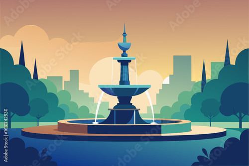 Tranquil garden fountain at sunset