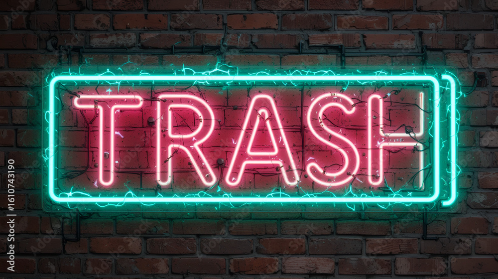 Obraz premium Neon sign with inscription trash against brick wall