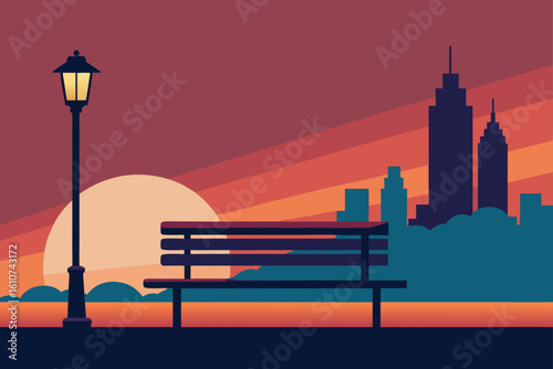 Cityscape silhouette at sunset with park bench and streetlights