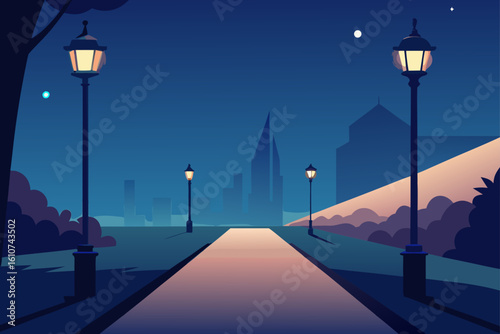 Serene nighttime park path with city skyline and streetlights