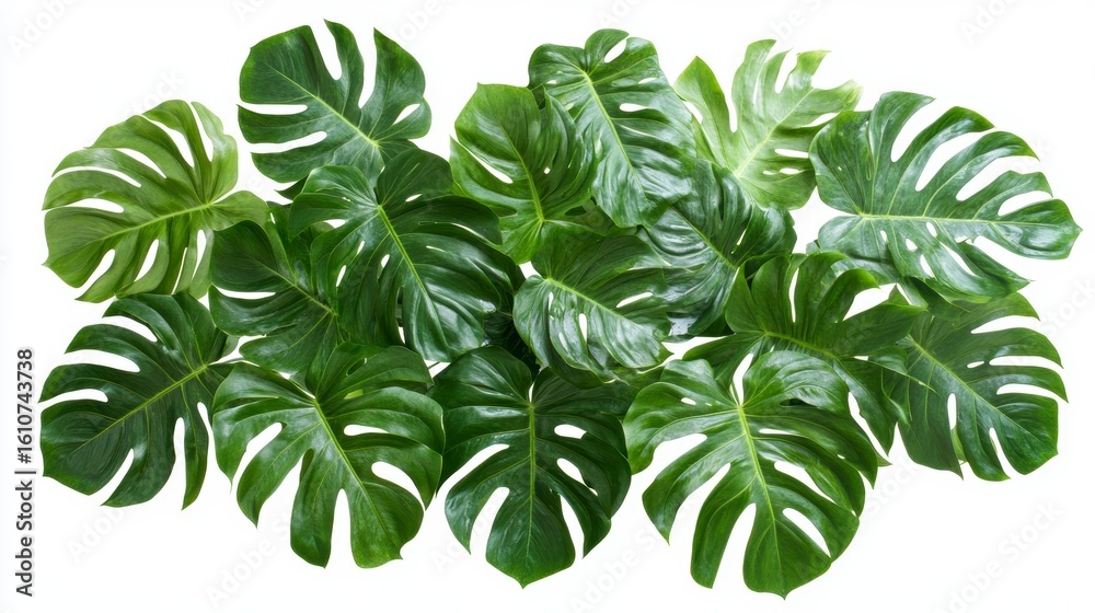 Fototapeta premium Lush green monstera deliciosa leaves isolated on white background.