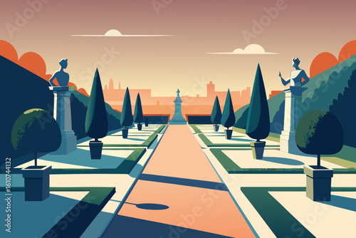 Stylized geometric garden with statue and buildings