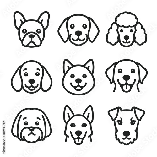 A set of dog breed head icons in a simple line art style. Vector collection of various cute puppy and canine faces for design.