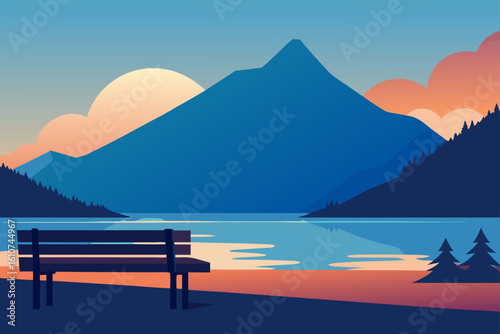 Serene mountain lake vista with a lone bench