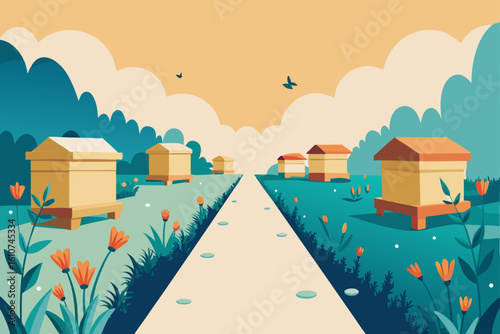 A serene path leads through a forest with beehives and wildflowers