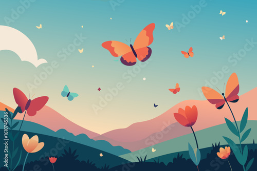 Colorful butterflies flutter over a serene landscape with rolling hills and flowers