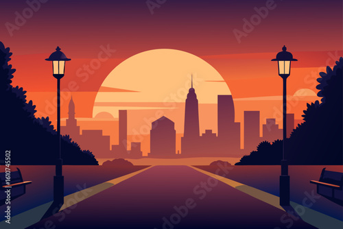 Cityscape park at sunset with silhouetted buildings and warm sky